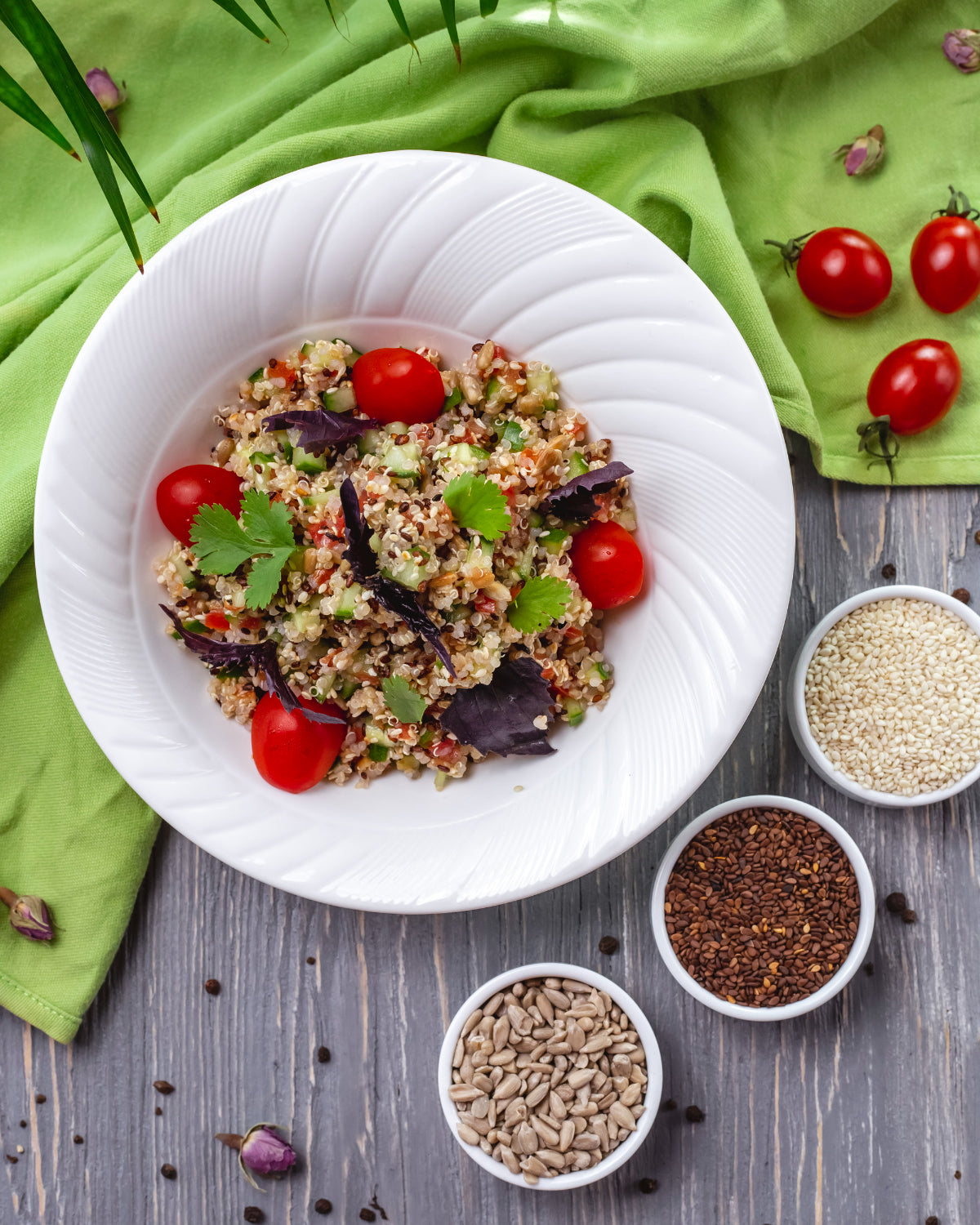 Quinoa salad with cherry tomatoes and seeds