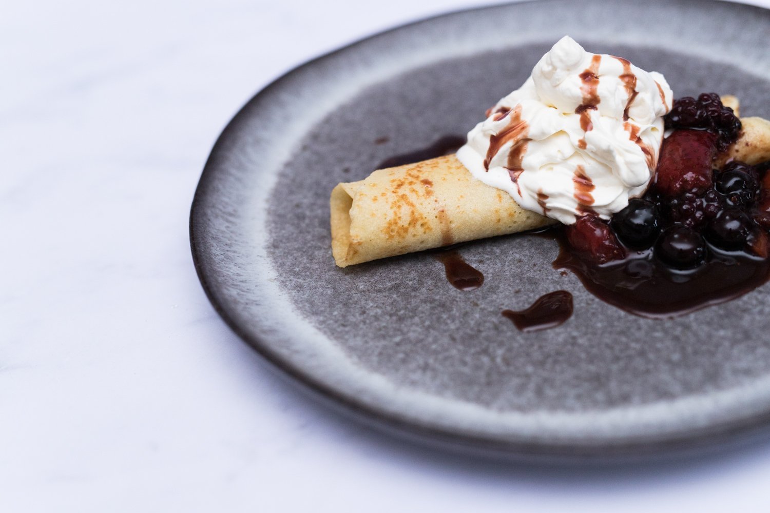 Sweet Crepes with Dairy Free Cream and Warm Fruit Compote