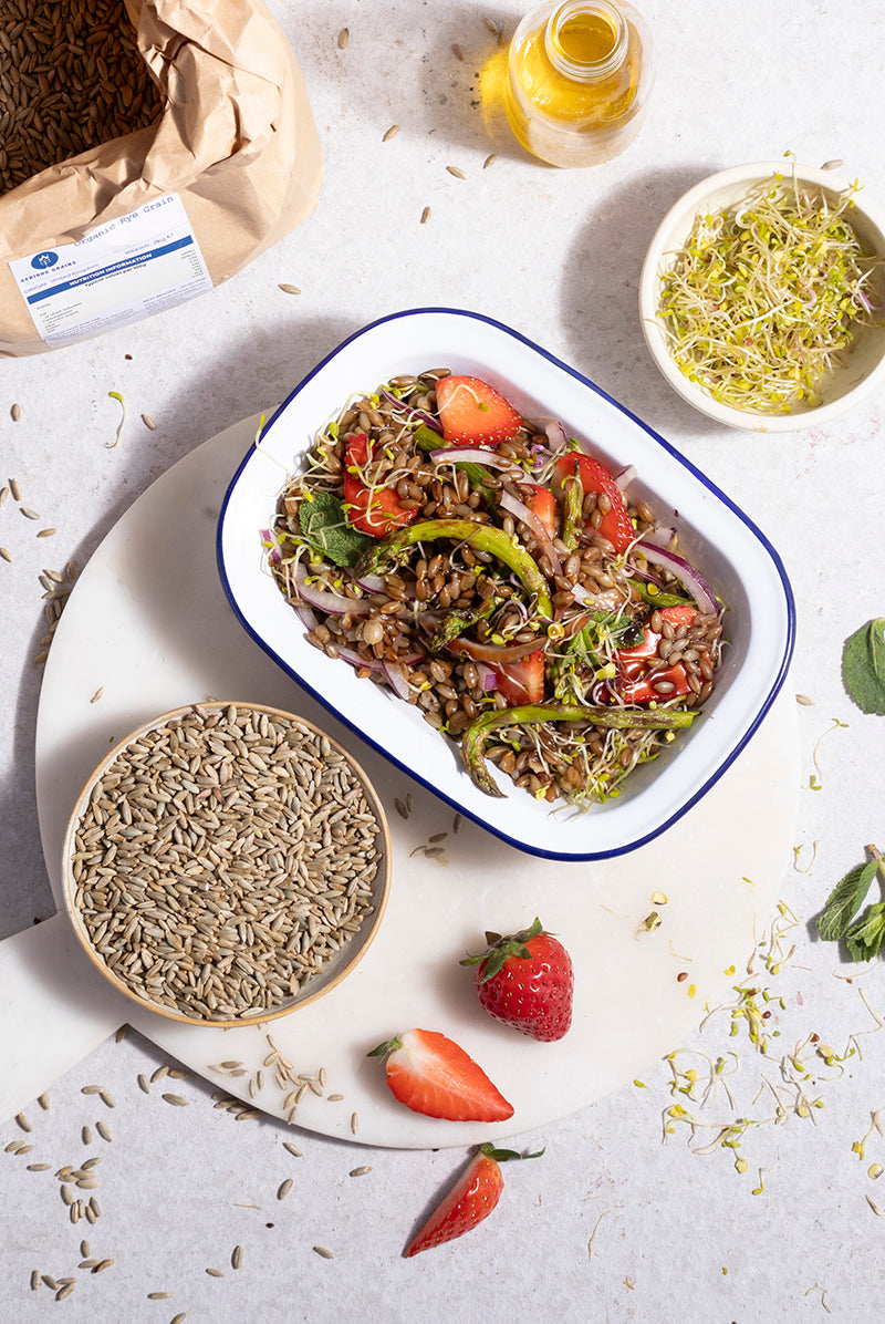 Asparagus and strawberry rye grain salad