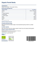 Organic Fennel Seeds 500g — back of pack
