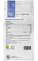 Organic Natural Cocoa Powder 10-12% 500g pouch - back of pack - new packaging