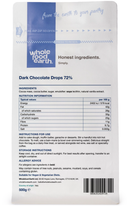Dark Chocolate Drops 72% 500g pouch - back of pack - new packaging