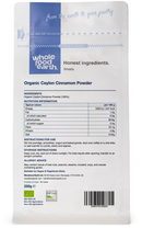 Organic Ceylon Cinnamon Powder (True) 250g pouch - back of pack - new packaging