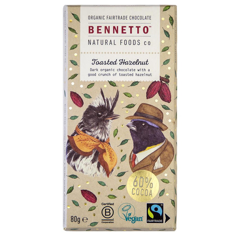 Organic Chocolate Bar Toasted Hazelnuts - Bennetto - 80g