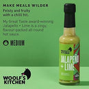 Close-up of fresh jalapeño and lime chili sauce in use