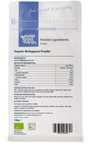 Back of the Whole Food Earth organic barleygrass powder 125g pouch showing ingredients and nutrition