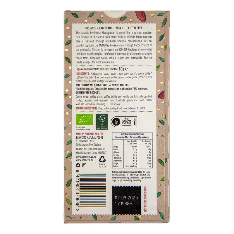 Organic Chocolate Bar Dark Coffee - Bennetto - 80g