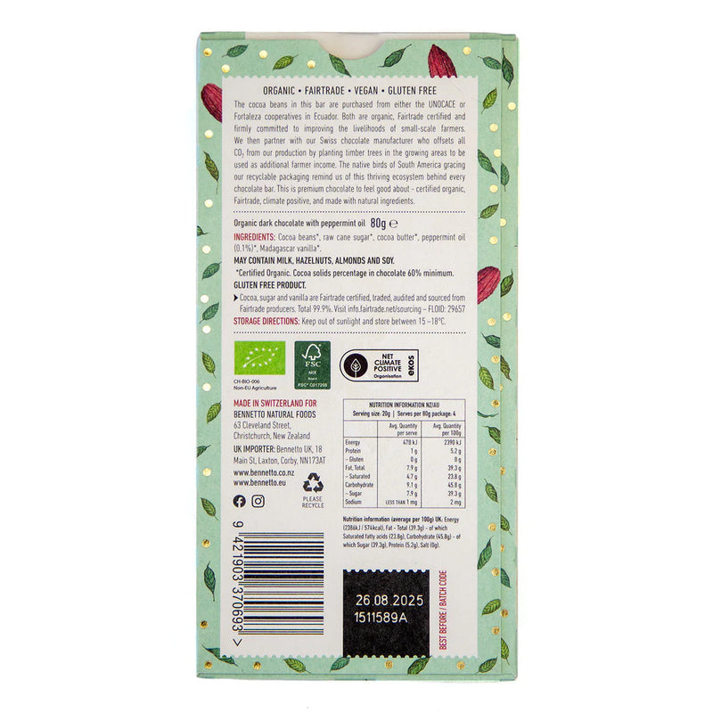 Organic Chocolate Bar Dark Mint - Bennetto - 80g