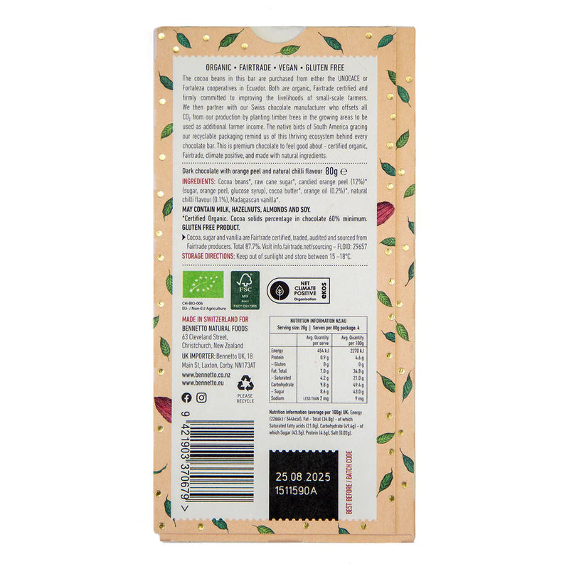 Organic Chocolate Bar Orange with Chilli - Bennetto - 80g