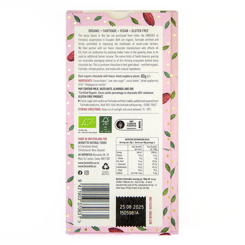 Organic Chocolate Bar Raspberry in Dark - Bennetto - 80g