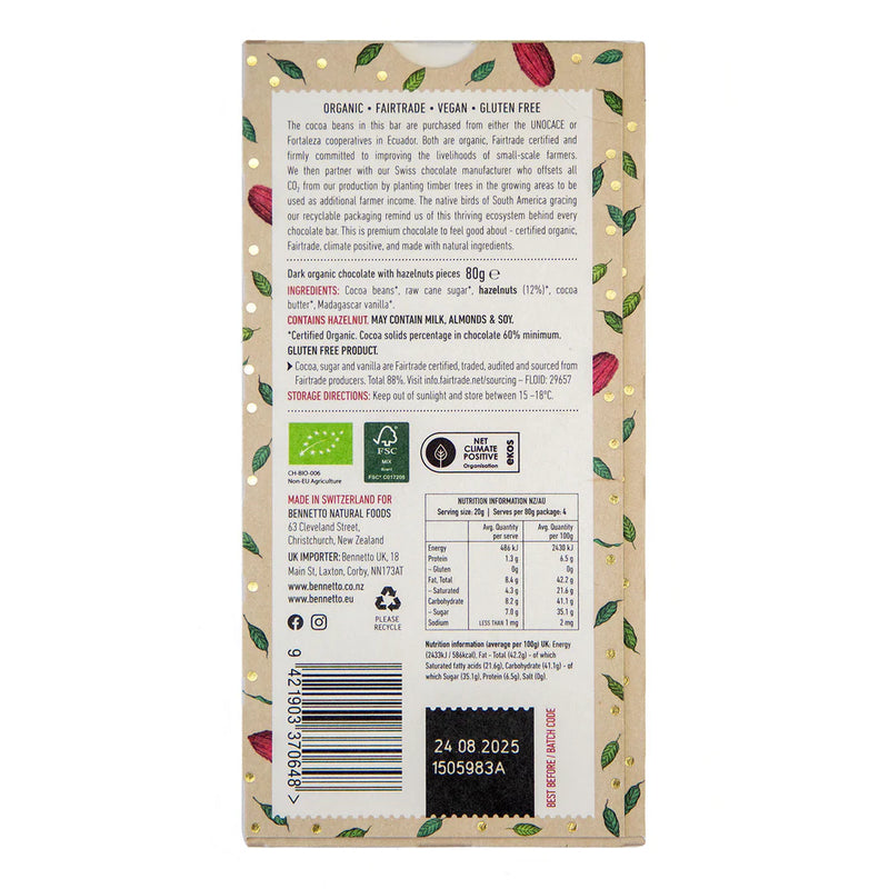 Organic Chocolate Bar Toasted Hazelnuts - Bennetto - 80g