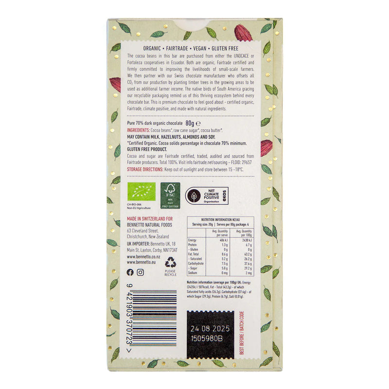 Organic Chocolate Bar 70% Dark - Bennetto - 80g