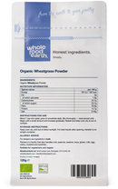 Back of the Whole Food Earth organic wheatgrass powder 125g pouch showing ingredients and nutrition