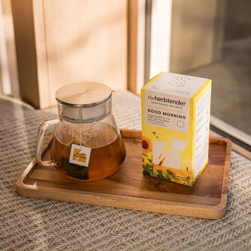 Caffeine-free morning tea with adaptogens in eco-friendly packaging