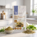 Organic Ground Fennel Seeds 50g pouch on a kitchen counter with ground fennel and whole seeds