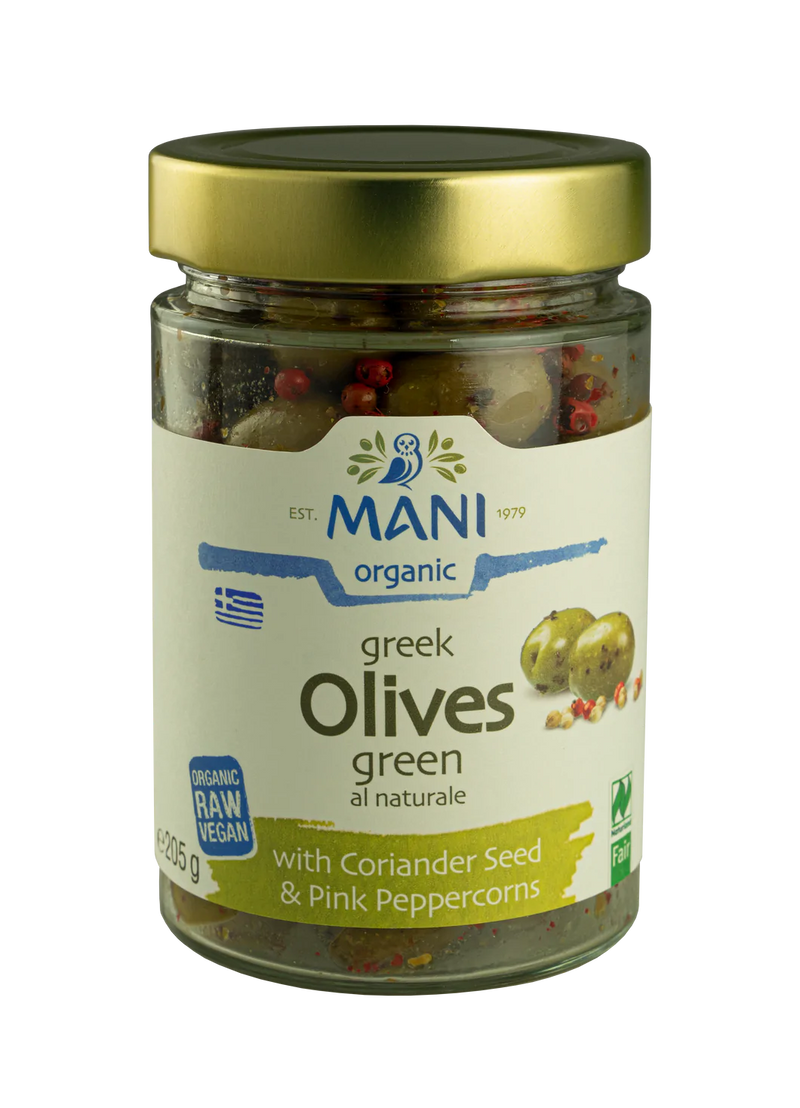 Organic Green Olives with Pink Peppercorns and Coriander Seed - 205g - Mani