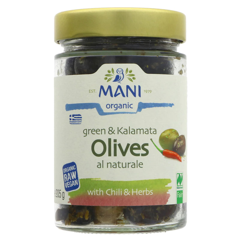 Organic Mixed Olives with Chili  & Herbs - Mani - 205g
