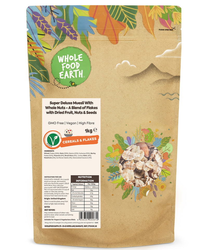 Super Deluxe Muesli With Whole Nuts - A Blend of Flakes with Dried Fruit, Nuts & Seeds