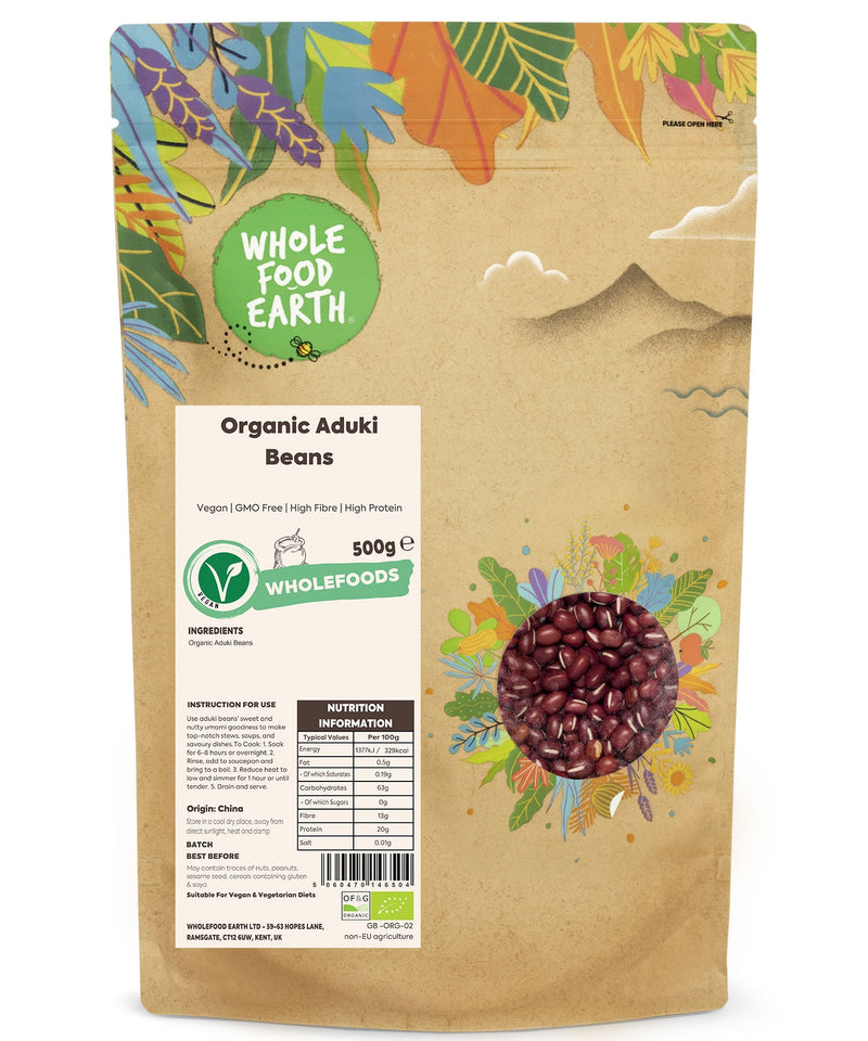 Organic Aduki Beans | Vegan | GMO Free | High Fibre | High Protein - Wholefood Earth® - 5060470146504