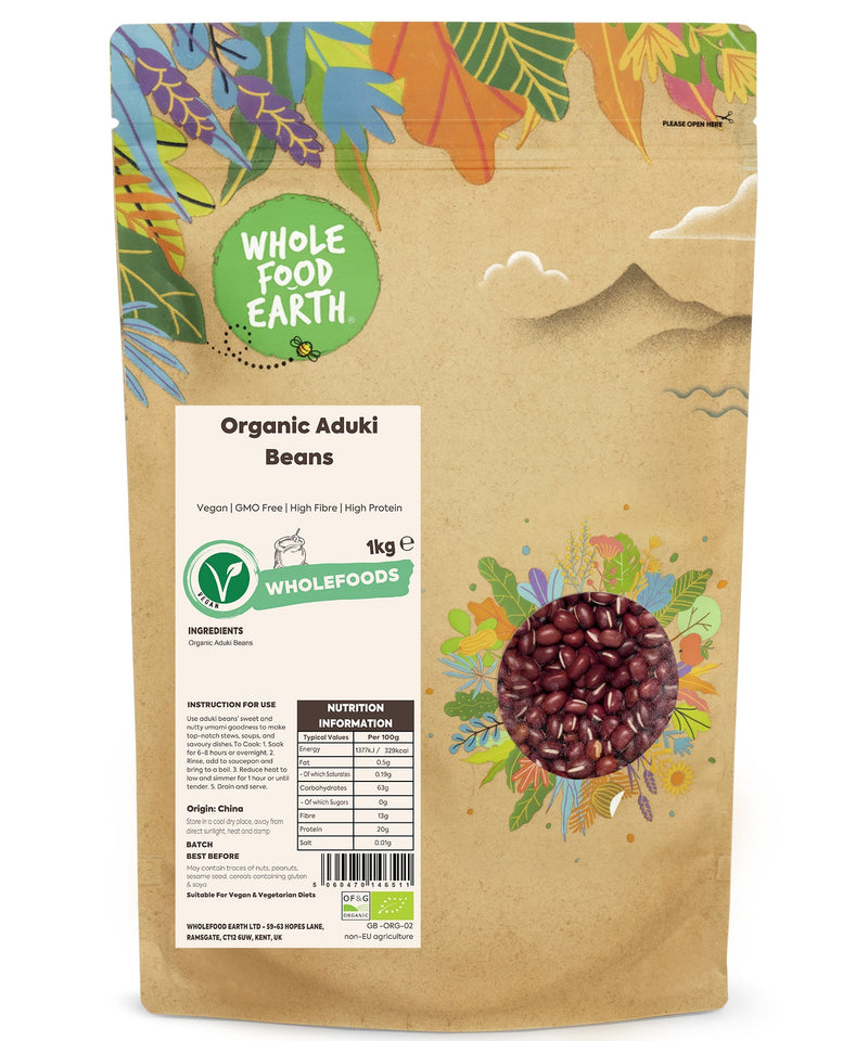 Organic Aduki Beans | Vegan | GMO Free | High Fibre | High Protein - Wholefood Earth® - 5060470146511