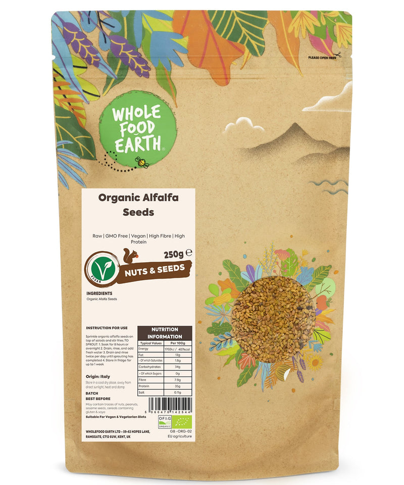 Organic Alfalfa Seeds | Raw | GMO Free | Vegan | High Fibre | High Protein - Wholefood Earth® - 5060470142544
