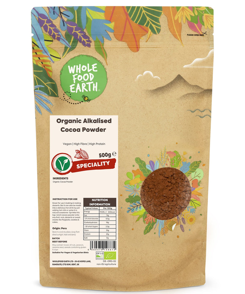 Organic Alkalised Cocoa Powder | Vegan | High Fibre | High Protein - Wholefood Earth® - 5060470148874