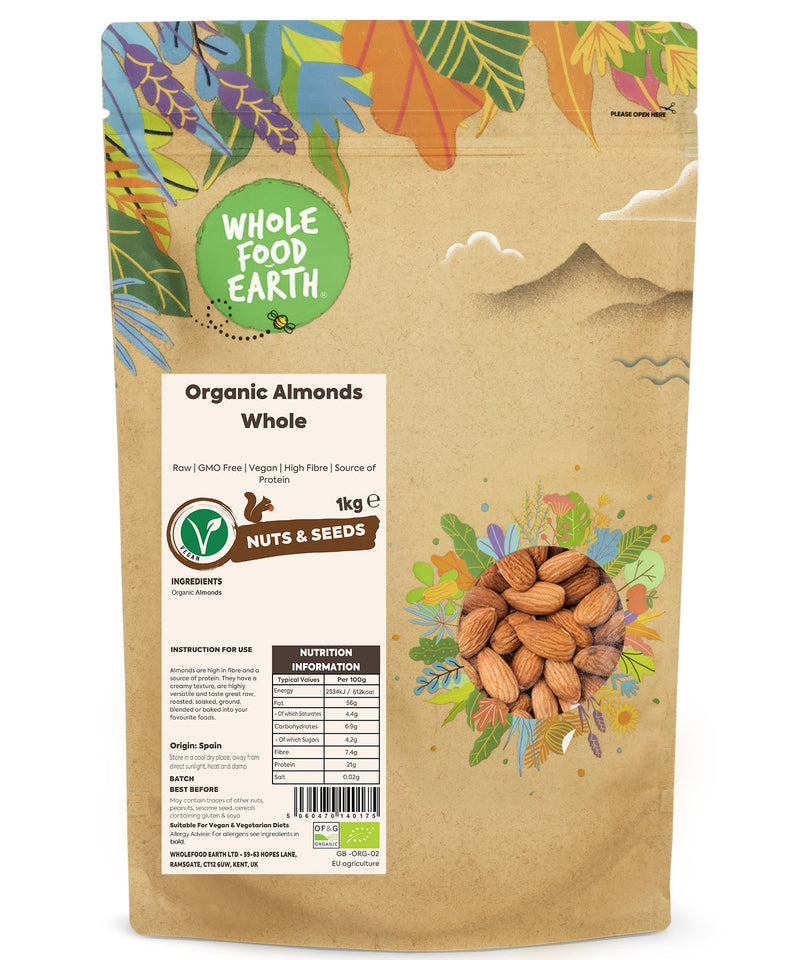 Organic Almonds Whole | Raw | GMO Free | Vegan | High Fibre | Source of Protein - Wholefood Earth® - 5060470140175