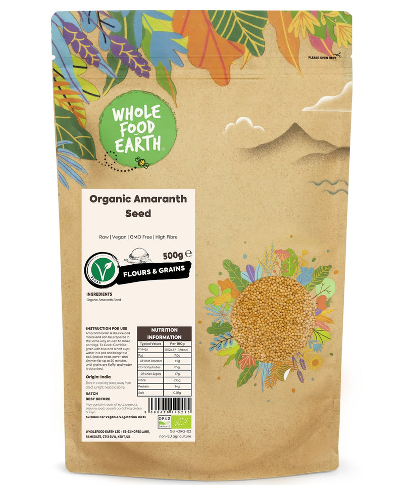 Organic Amaranth Seed | Raw | Vegan | GMO Free | High Fibre - Wholefood Earth® - 5060470149215