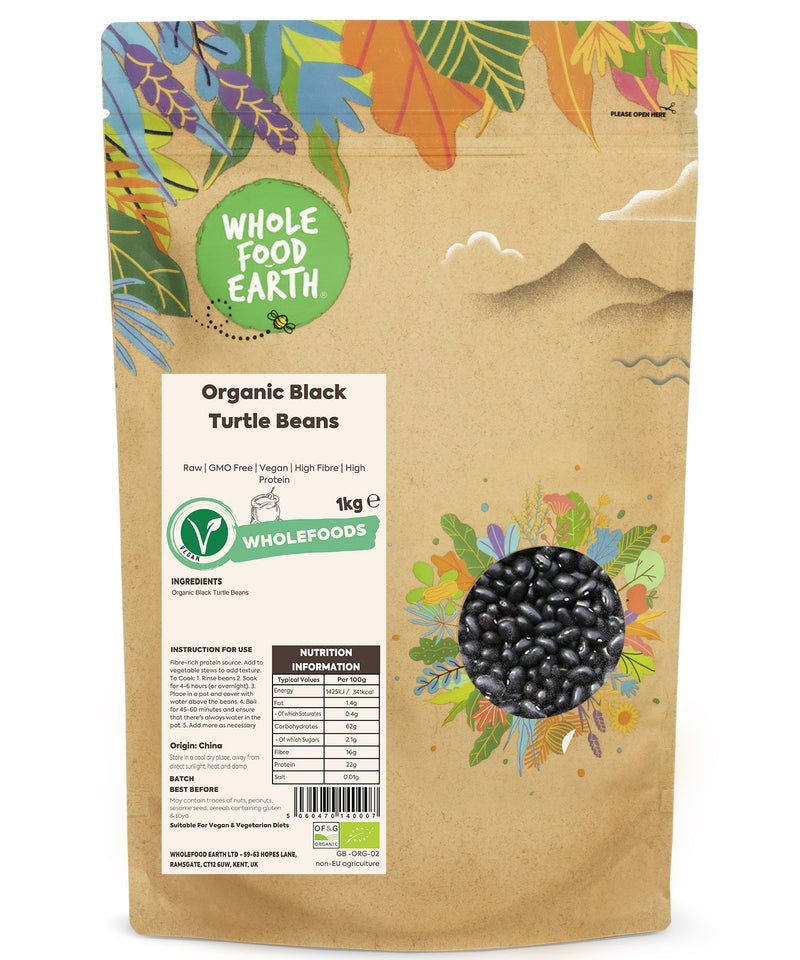 Organic Black Turtle Beans | Raw | GMO Free | Vegan | High Fibre | High Protein - Wholefood Earth® - 5060470140007