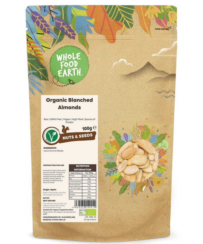 Organic Blanched Almonds | Raw | GMO Free | Vegan | High Fibre | Source of Protein - Wholefood Earth® - 5060470140212