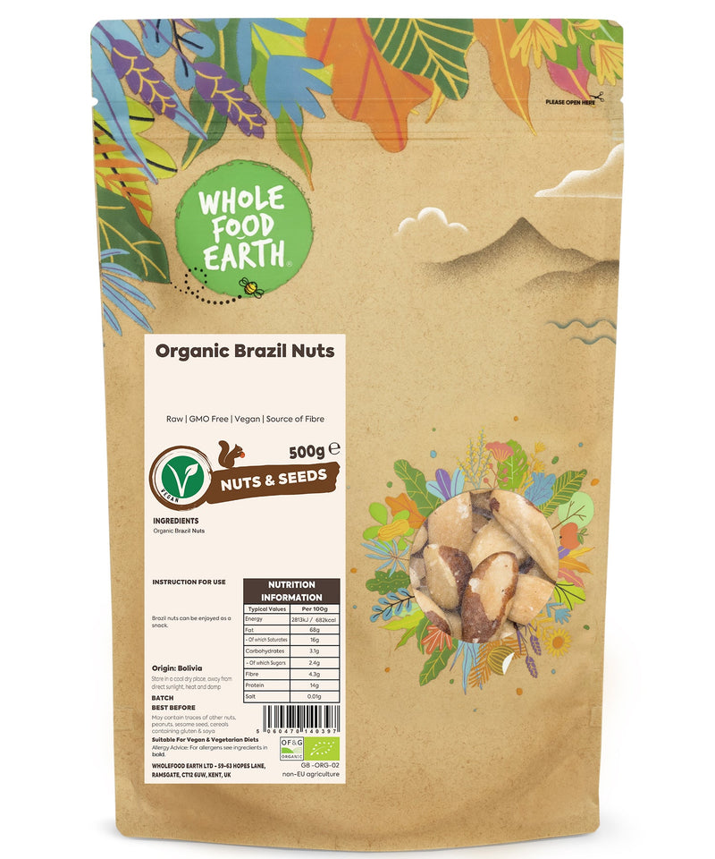 Organic Brazil Nuts | Raw | GMO Free | Vegan | Source of Fibre - Wholefood Earth® - 5060470140397