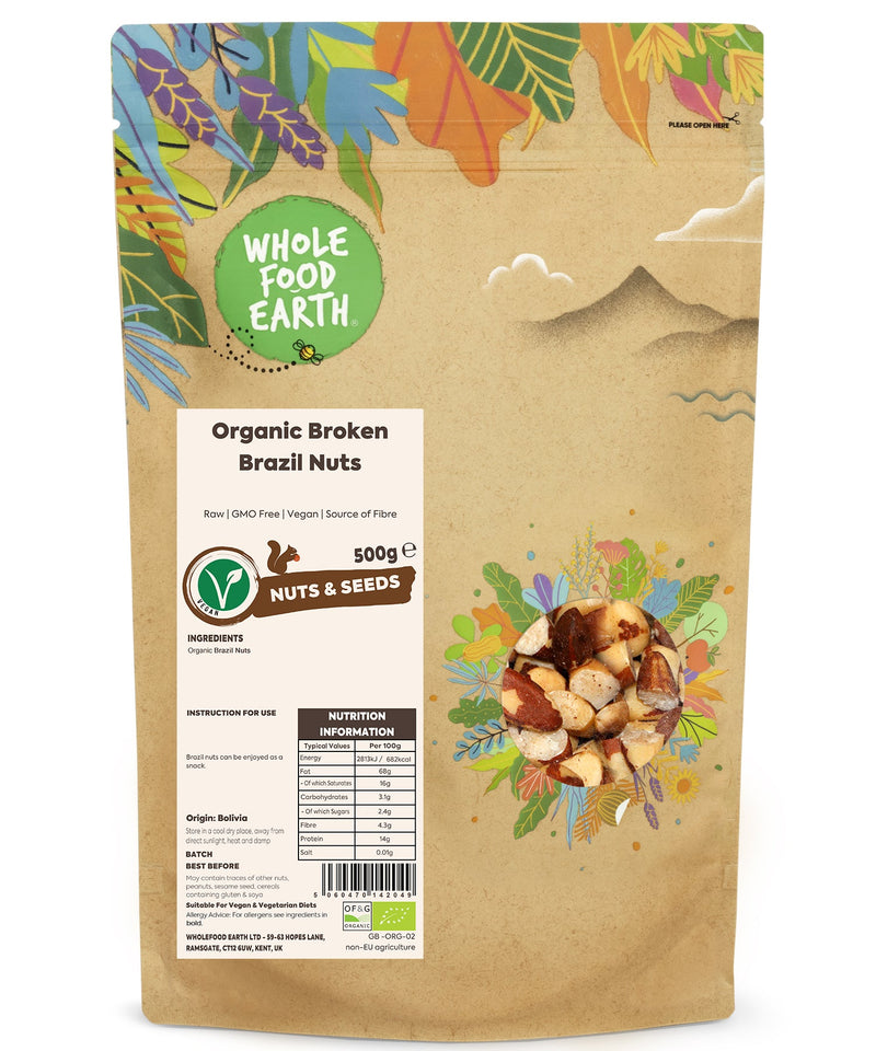 Organic Broken Brazil Nuts | Raw | GMO Free | Vegan | Source of Fibre - Wholefood Earth® - 5060470142049