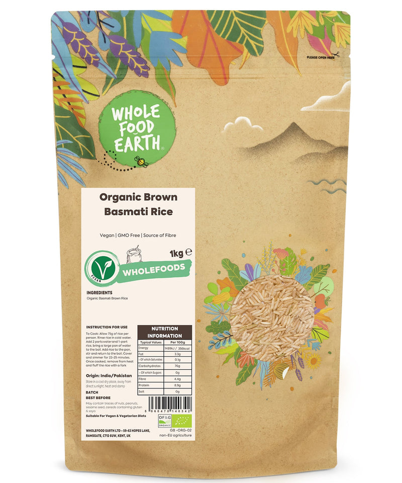 Organic Brown Basmati Rice | Vegan | GMO Free | Source of Fibre - Wholefood Earth® - 5060470140342