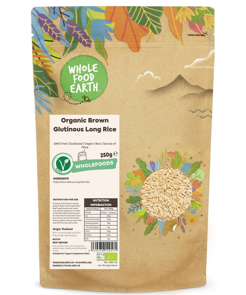 Organic Brown Glutinous Long Rice | GMO Free | EcoSocial | Vegan | Raw | Source of Fibre - Wholefood Earth® - 5060470149581