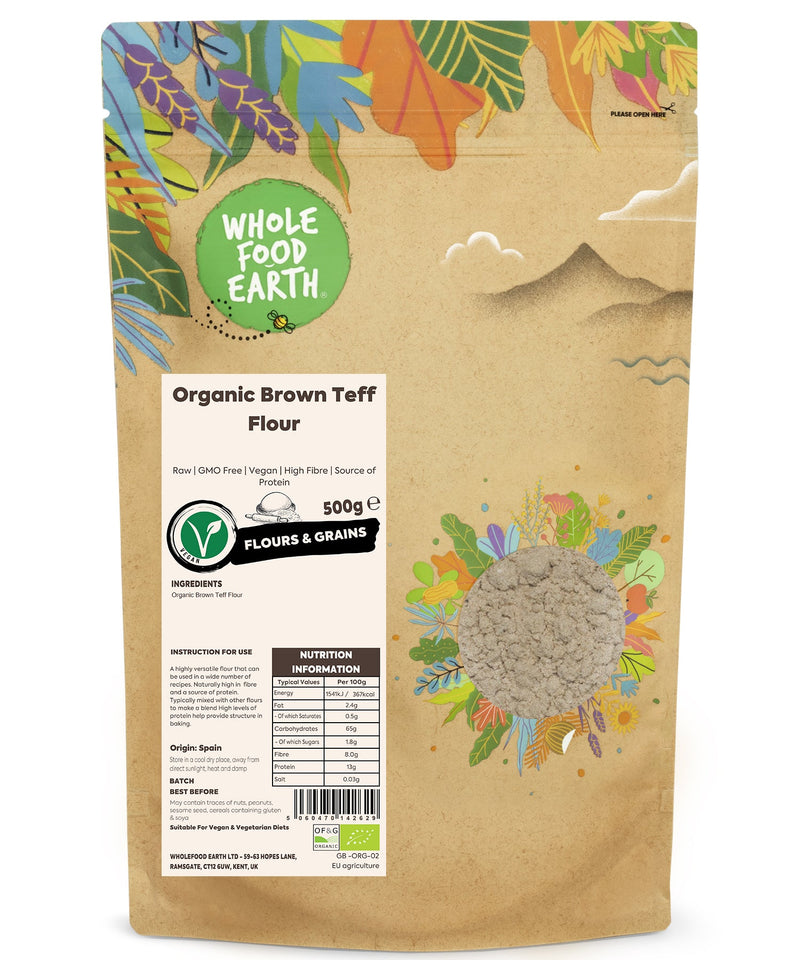 Organic Brown Teff Flour | Raw | GMO Free | Vegan | High Fibre | Source of Protein - Wholefood Earth® - 5060470142629