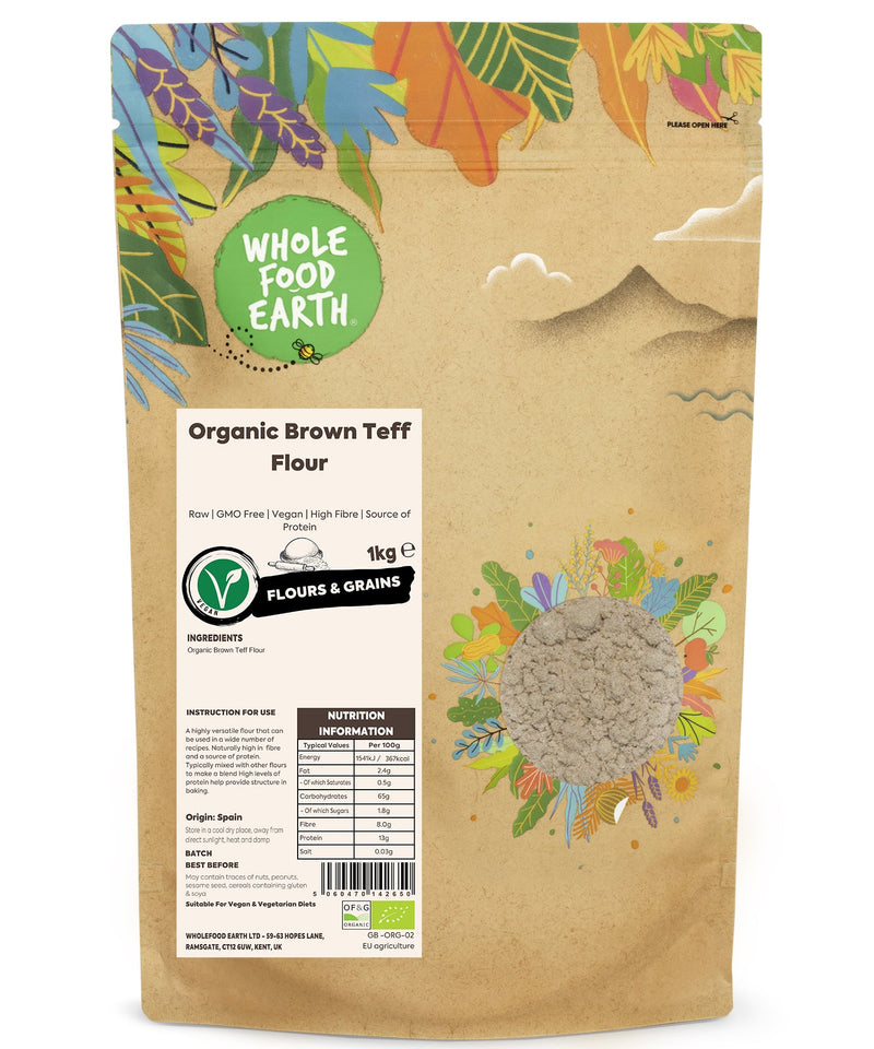 Organic Brown Teff Flour | Raw | GMO Free | Vegan | High Fibre | Source of Protein - Wholefood Earth® - 5060470142650