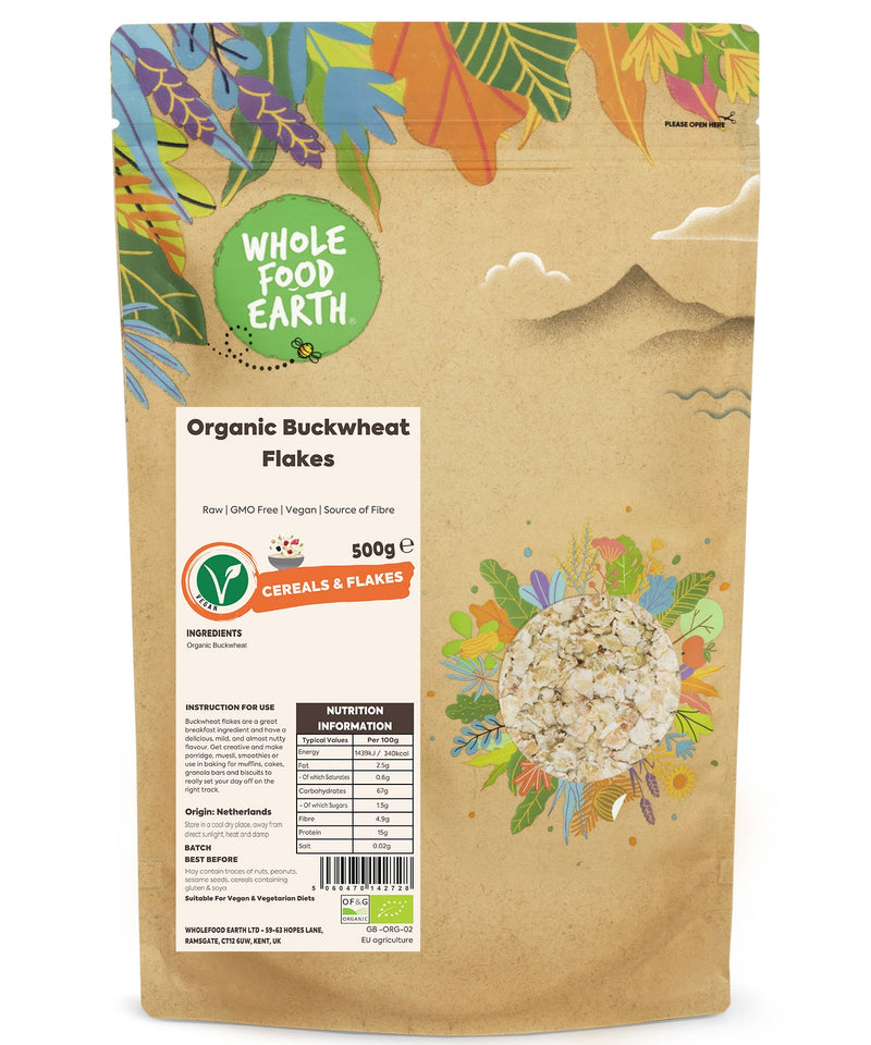 Organic Buckwheat Flakes | Raw | GMO Free | Vegan | Source of Fibre - Wholefood Earth® - 5060470142728