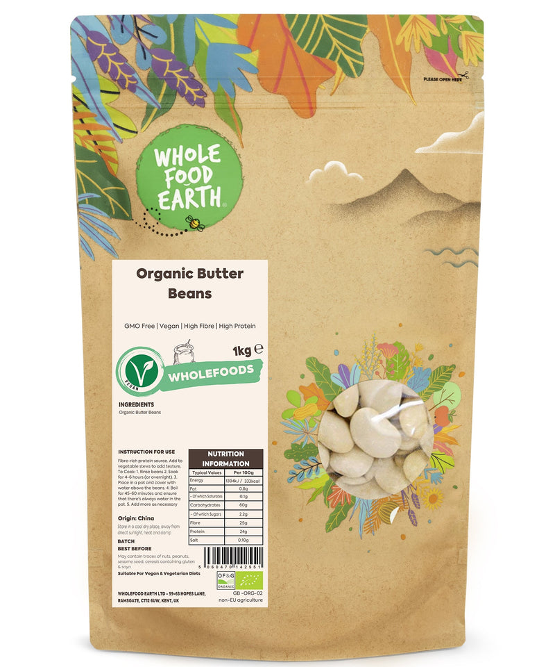 Organic Butter Beans | GMO Free | Vegan | High Fibre | High Protein - Wholefood Earth® - 5060470142551