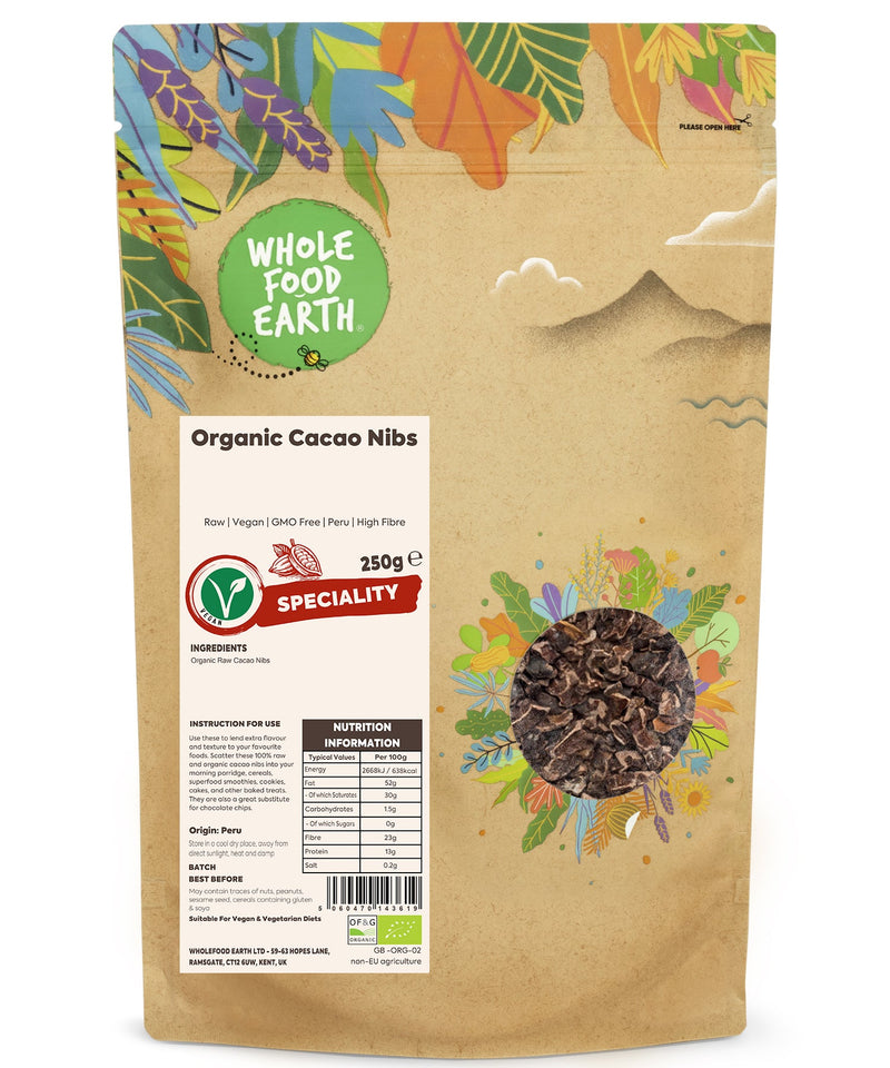 Organic Cacao Nibs | Raw | Vegan | GMO Free | Peru | High Fibre - Wholefood Earth® - 5060470143619