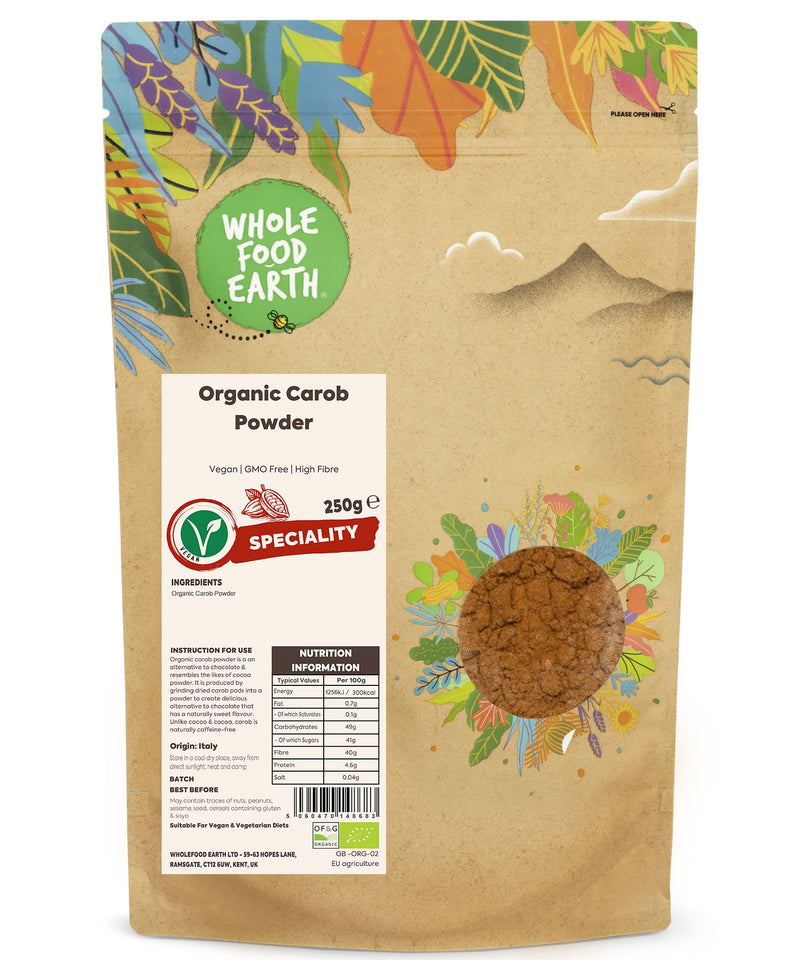 Organic Carob Powder | Vegan | GMO Free | High Fibre - Wholefood Earth® - 5060470148683