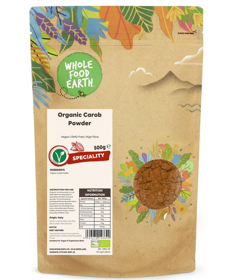 Organic Carob Powder | Vegan | GMO Free | High Fibre - Wholefood Earth® - 5060470148690