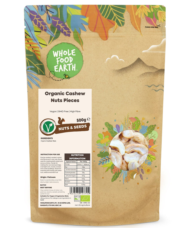 Organic Cashew Nuts Pieces | Vegan | GMO Free | High Fibre - Wholefood Earth® - 5060470143794