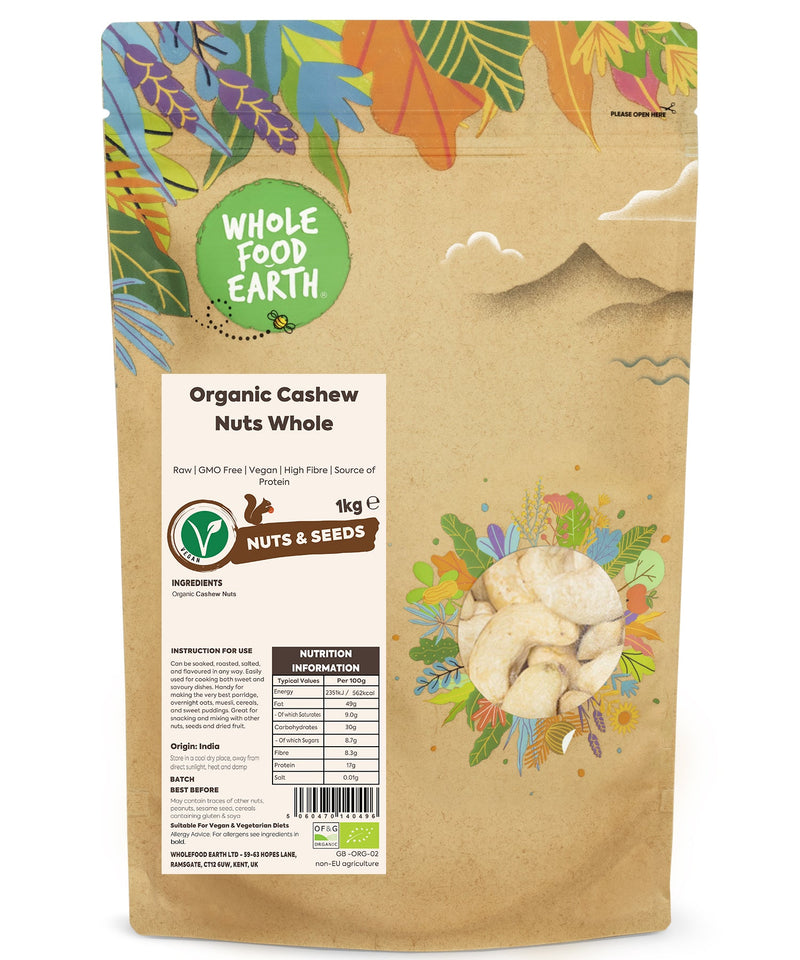 Organic Cashew Nuts Whole | Raw | GMO Free | Vegan | High Fibre | Source of Protein - Wholefood Earth® - 5060470140496