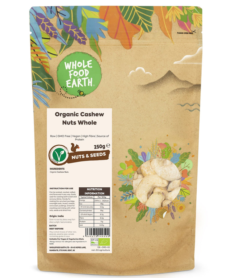 Organic Cashew Nuts Whole | Raw | GMO Free | Vegan | High Fibre | Source of Protein - Wholefood Earth® - 5060470140502