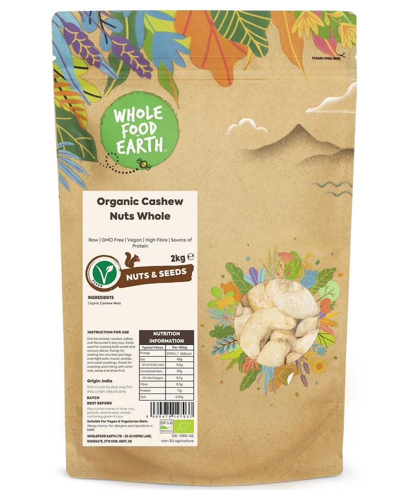Organic Cashew Nuts Whole | Raw | GMO Free | Vegan | High Fibre | Source of Protein - Wholefood Earth® - 5060470147037