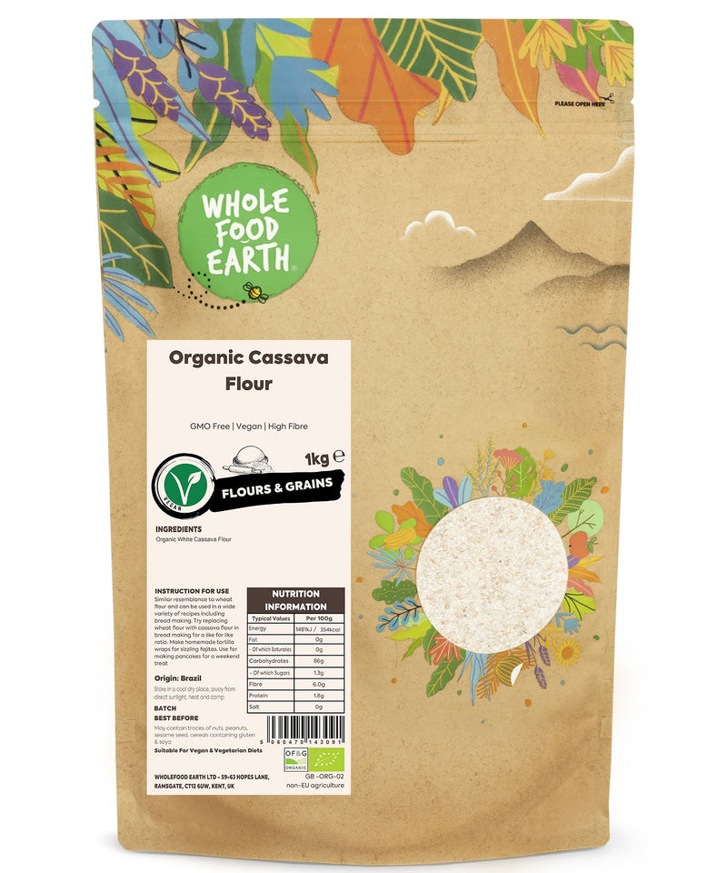 Organic Cassava Flour | GMO Free | Vegan | High Fibre - Wholefood Earth® - 5060470143091