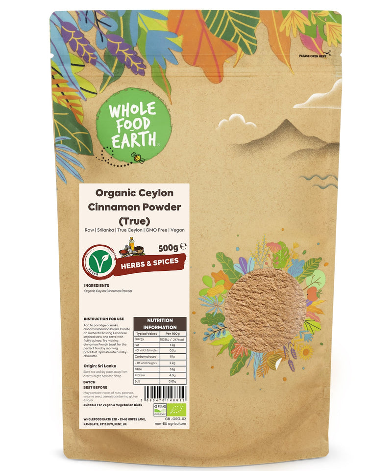 Organic Ceylon Cinnamon Powder (True) | Raw | Sri Lanka | True Ceylon | GMO Free | Vegan - Wholefood Earth® - 5060470148812