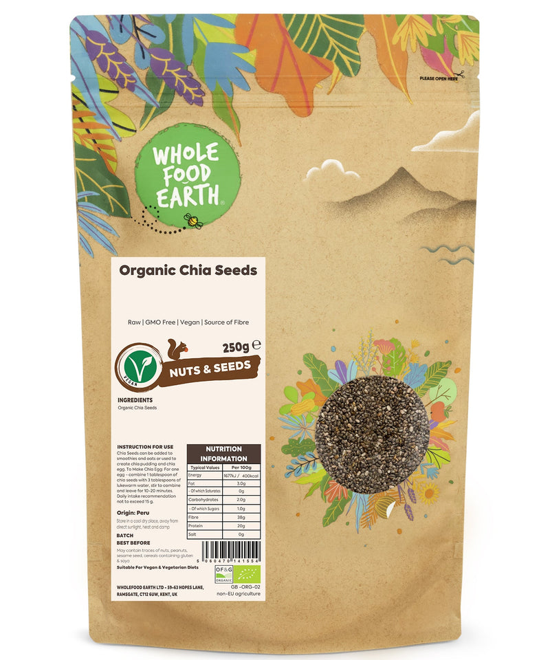 Organic Chia Seeds | Raw | GMO Free | Vegan | Source of Fibre - Wholefood Earth® - 5060470141554