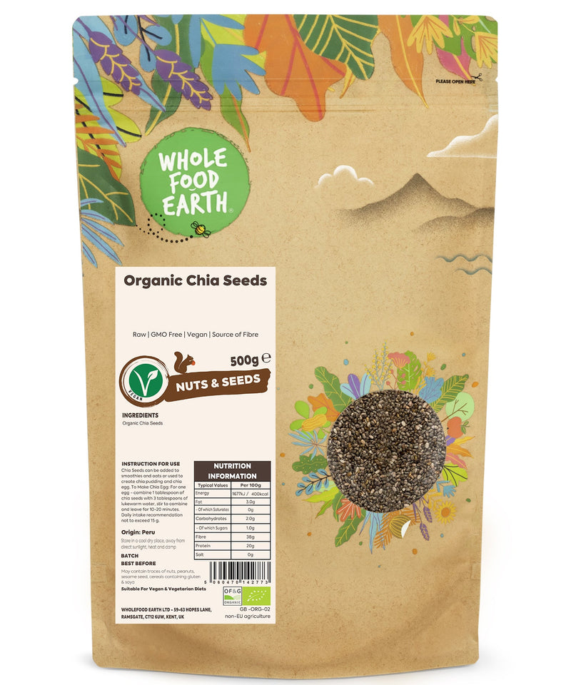 Organic Chia Seeds | Raw | GMO Free | Vegan | Source of Fibre - Wholefood Earth® - 5060470142773