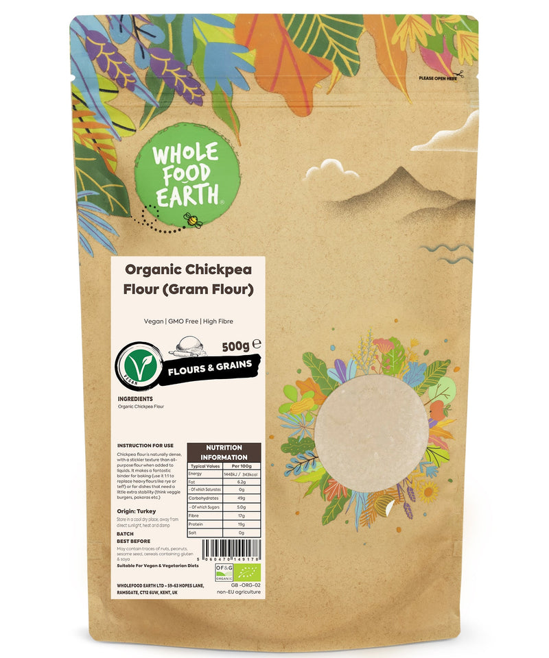 Organic Chickpea Flour (Gram Flour) | Vegan | GMO Free | High Fibre - Wholefood Earth® - 5060470149178
